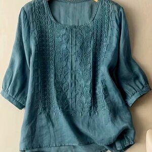 NEW dusty teal embroidered cotton top balloon elbow sleeves 1X 2X